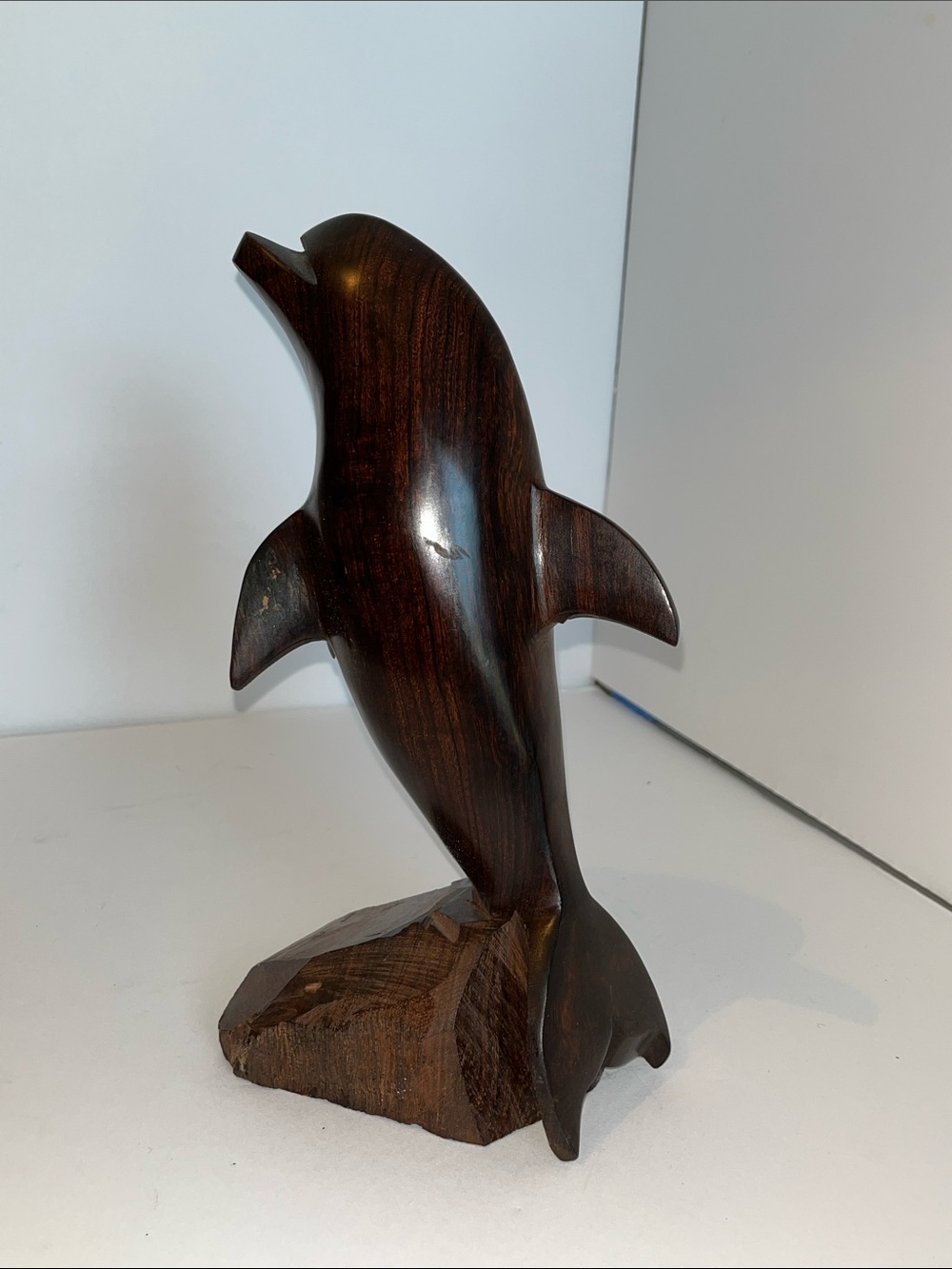 Hand-Carved Wooden Dolphin Sculpture - Dark Brown